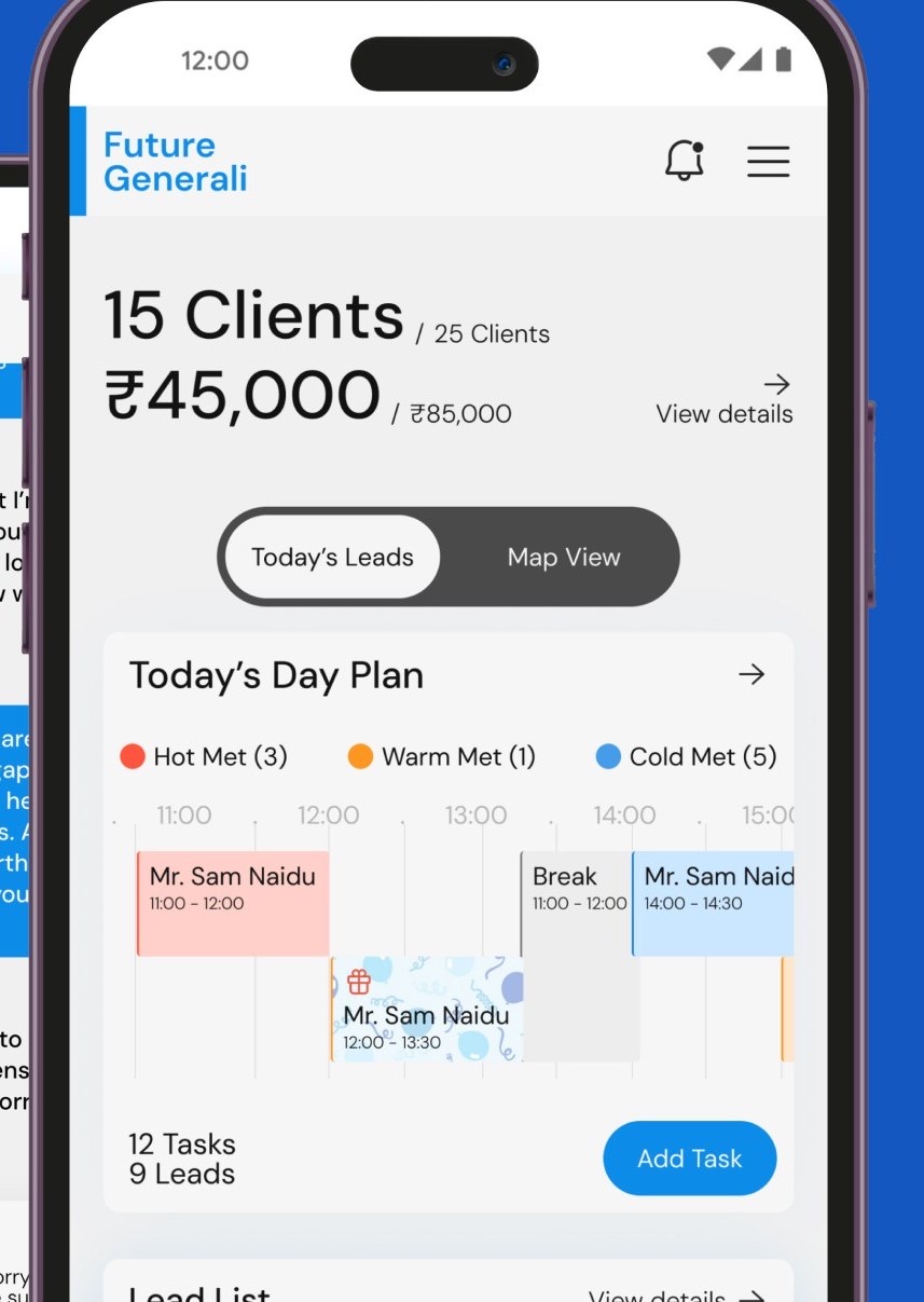 Agent dashboard showing 15 of 25 clients, ₹45,000 of an ₹85,000 target, and Today's Day Plan with hot, warm and cold leads