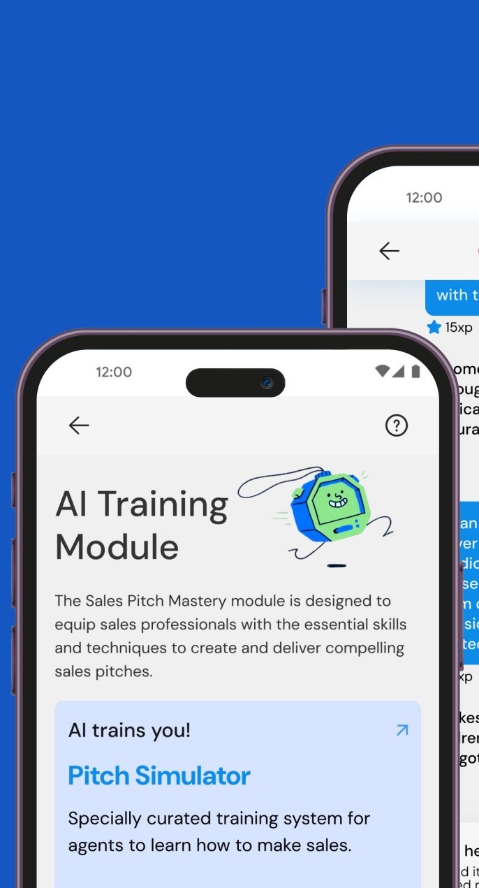 AI Training Module screen describing the Sales Pitch Mastery module and a Pitch Simulator tool for agents