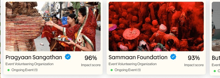 Two verified volunteer organization cards: Pragyaan Sangathan with a 96% impact score and Sammaan Foundation with a 93% impact score