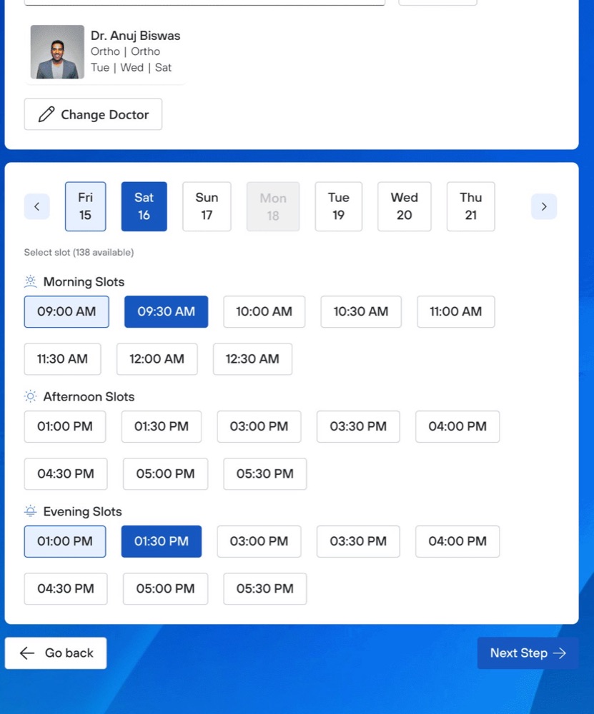 Doctor profile and slot-booking calendar showing 138 available morning, afternoon and evening slots across a week
