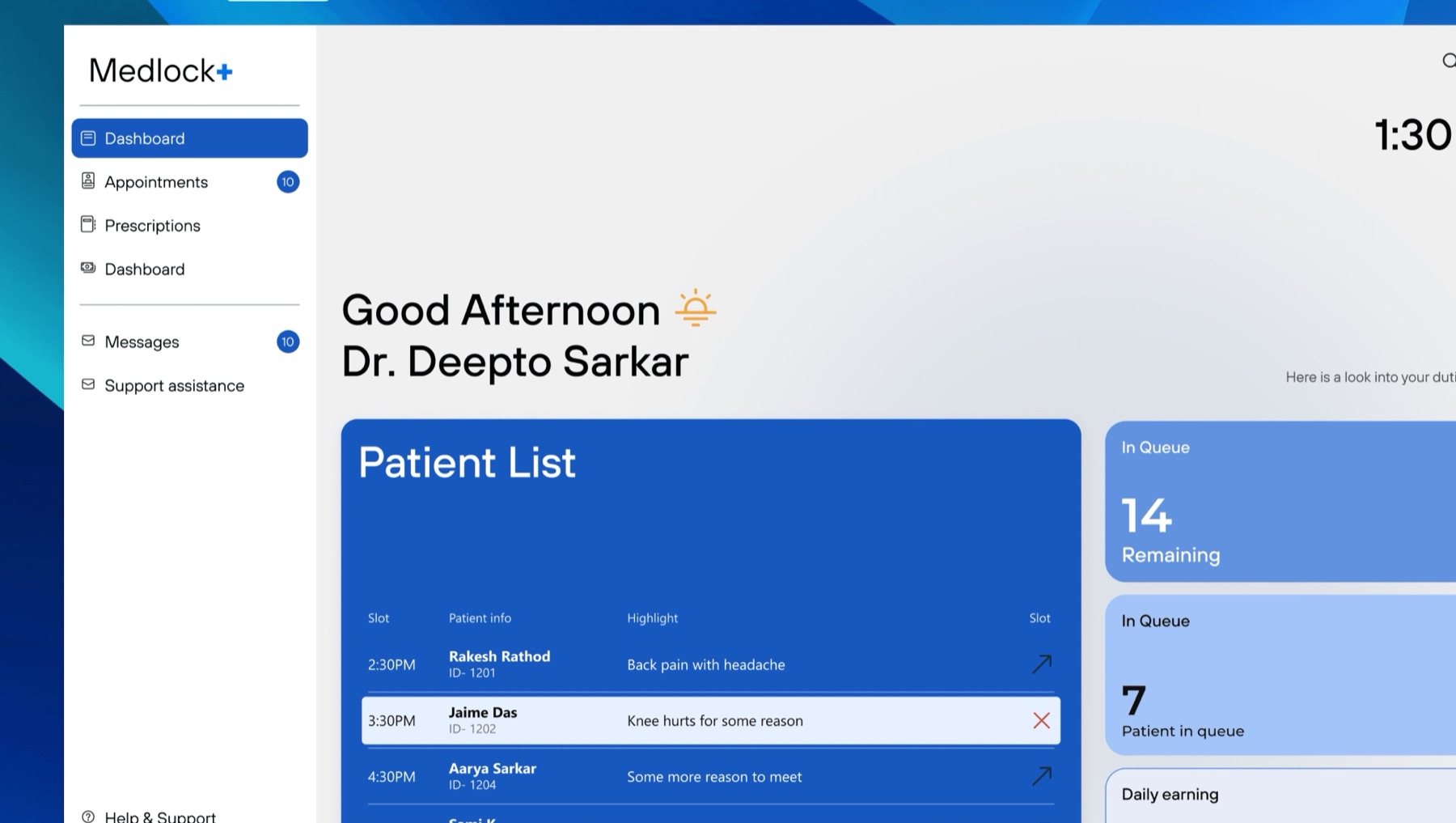 Doctor's dashboard with a live patient queue, patient list and daily earnings