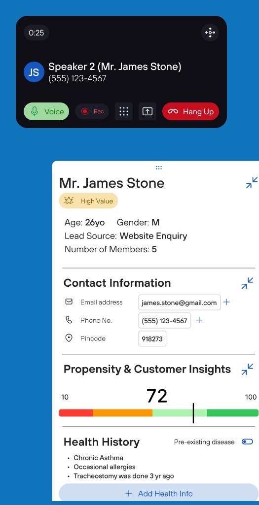 Live call controls and Mr. James Stone's customer profile showing a High Value tag, a propensity score of 72 out of 100, and three health history notes