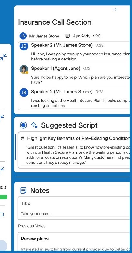 Insurance call transcript, an AI-suggested script for highlighting key benefits of pre-existing conditions, and a running notes panel